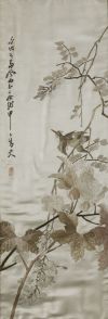 Pareja de paneles bordados sobre seda con flores y aves, Ch