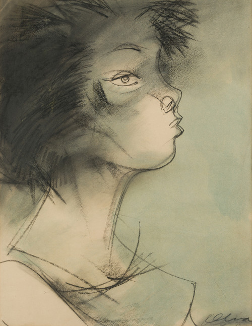 PEDRO PABLO OLIVA, "Retrato de perfíl", 1975 , Carboncillo
