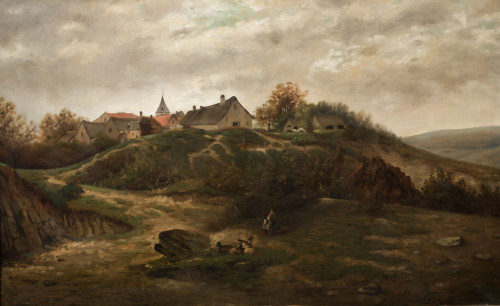 "Paisaje con figuras y pueblo de fondo"