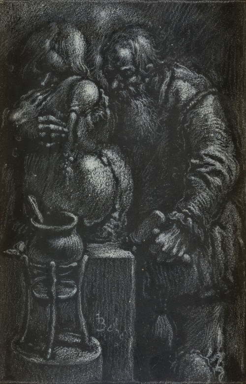 JUAN BARBA, "Artesano", Albayalde sobre papel negro