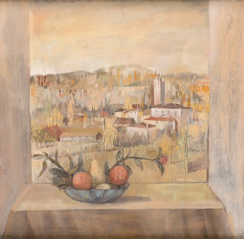 LUIS MAYO, "Vista de pueblo con frutero", Óleo sobre lienzo