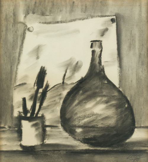 ANTONIO LAGO RIVERA, "Bodegón con garrafa y pinceles", 1964