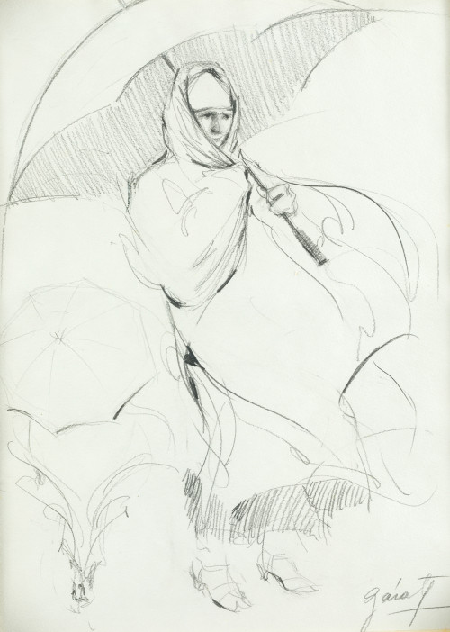 CECILIA GÁRATE, "Mujer con paraguas", Grafito sobre papel