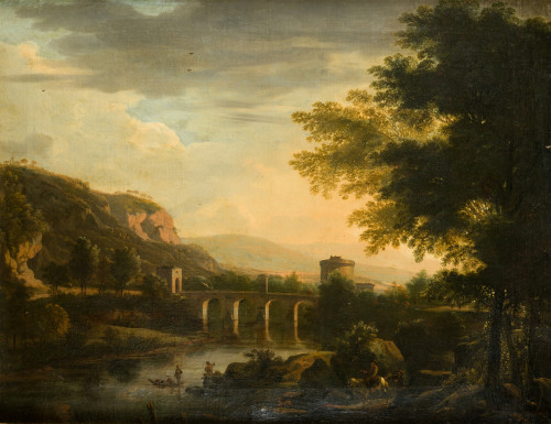 "Paisaje con rio y puente, personajes pescando y a caballo"