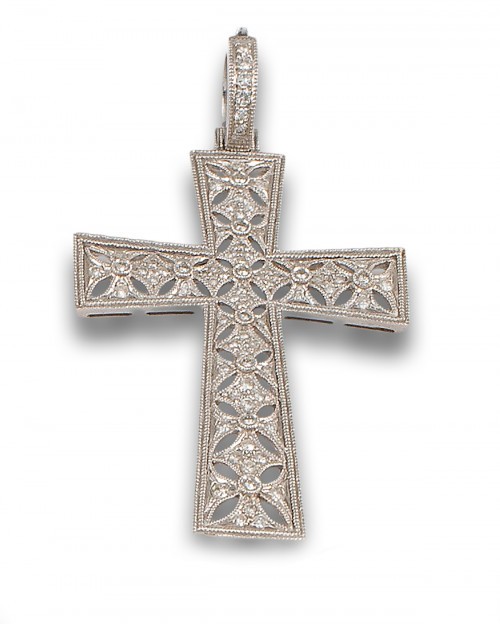 COLGANTE, ESTILO ART DECÓ, CRUZ DE ORO BLANCO DIAMANTES