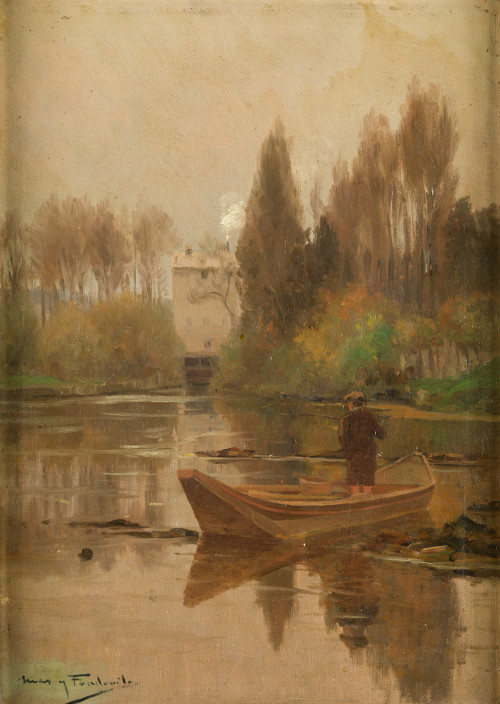 ARCADIO MAS Y FONDEVILA, "Niño en la barca", Óleo sobre lie