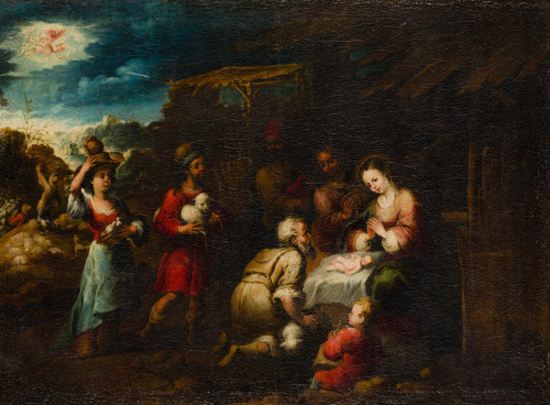 ESCUELA SEVILLANA, "Adoración de los pastores", Óleo sobre 