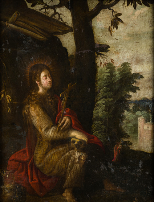  ESCUELA ITALIANA, "La Magdalena penitente", Óleo sobre lie