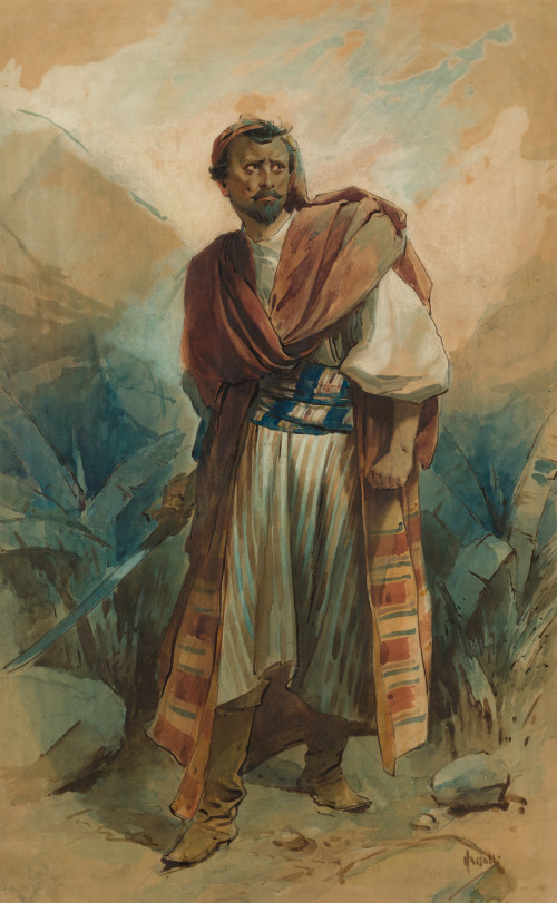 ANÓNIMO S. XIX, "Personaje oriental con espada", Acuarela s
