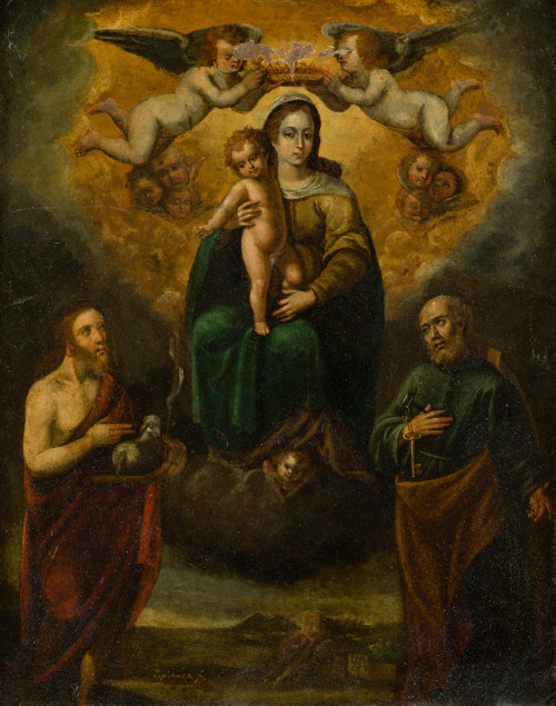 Espinosa fecit "Virgen con Pedro y Juan" O/Cobre