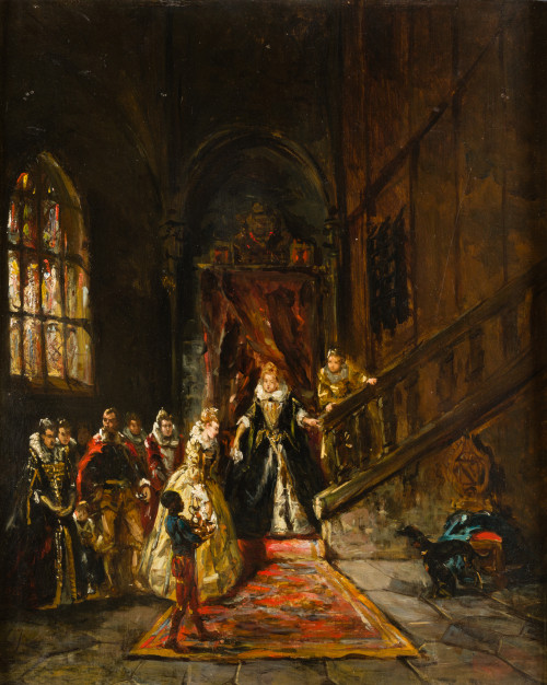 ESCUELA FRANCESA, "Recepción real", Óleo sobre tabla.