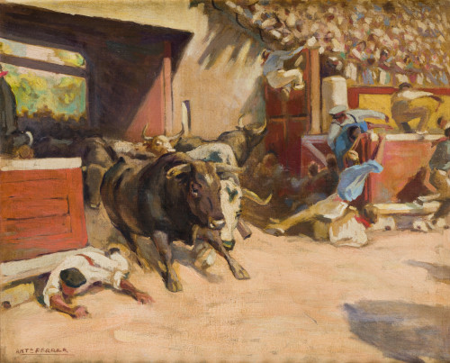 ANTONIO  FERRER "TONICO", "El encierro. Pamplona", Óleo sob