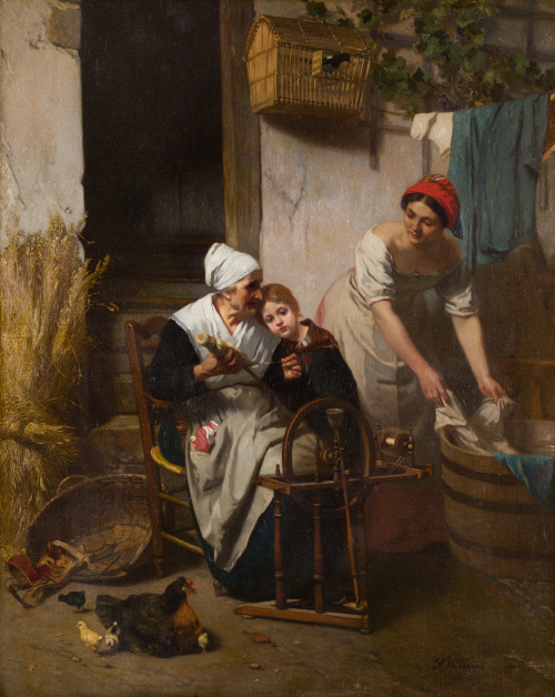 FLORENT WILLEMS, "Patio con anciana tejiendo, niña y mujer 