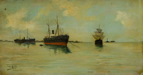 SALVADOR ABRIL BLASCO , "Marina", 1884, Óleo sobre tabla.
