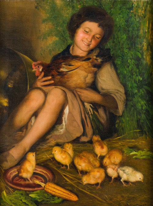 BARTOLOME MONGRELL MUÑOZ, "Niño jugando con gallina y polli