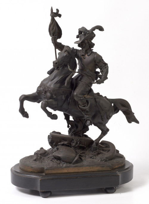 Soldado a caballo, escultura de calamina patinada, S.XIX.