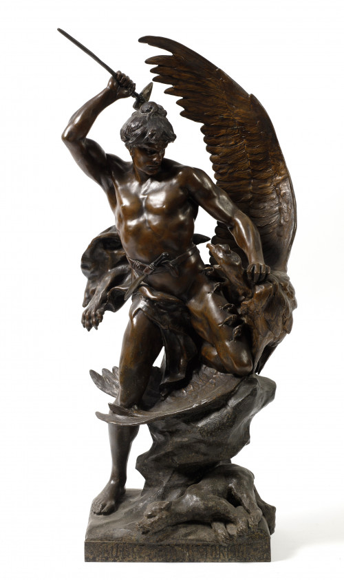 "Lute prehistorique", escultura de calamina patinada, S. XX