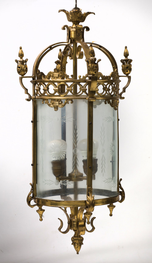 Farol de cristal grabado y bronce, ffs.S.XIX