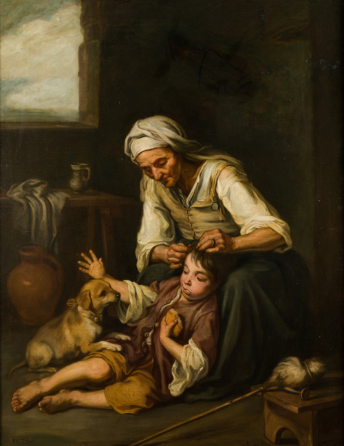 HEINZ MUTH, "Anciana espulgando a un niño", Óleo sobre lien