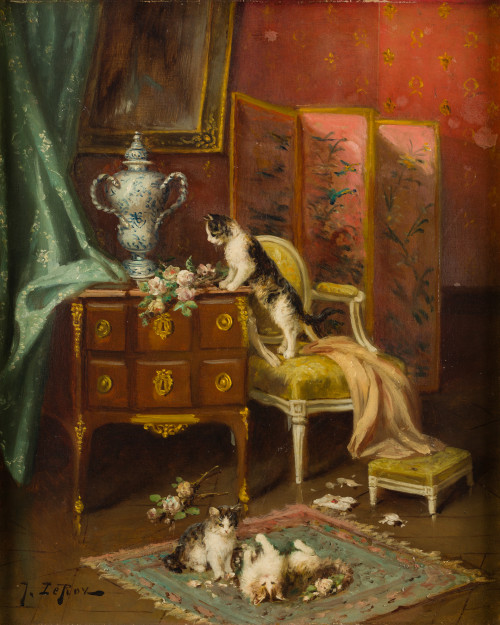 JULES LE ROY, "Interior con gatos", Óleo sobre lienzo