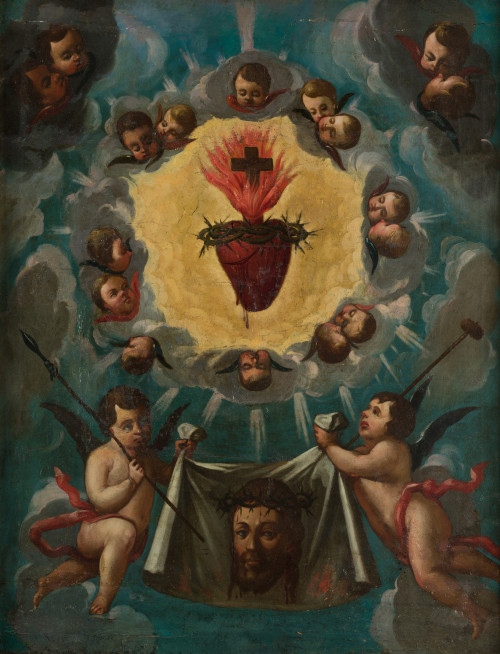 ESCUELA ESPAÑOLA S. XVIII, "Sagrado Corazón con la Santa Fa