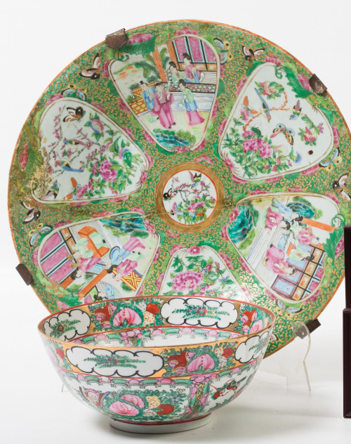 Cuenco y plato de porcelana esmaltada de Cantón, S. XX