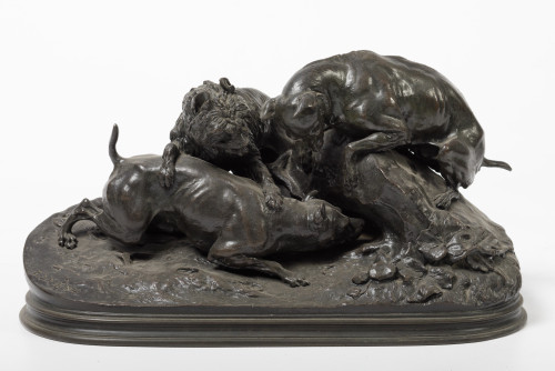 "Perros cazando", escultura de bronce patinado