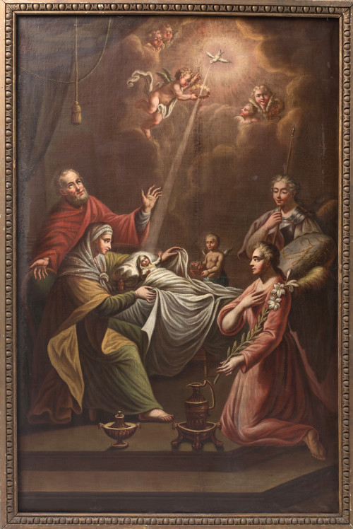 ESCUELA ESPAÑOLA, "Nacimiento de la Virgen", 1818, Óleo sob