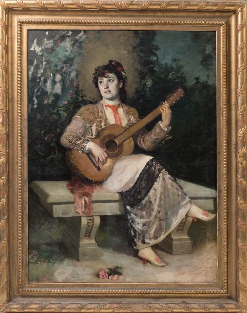 ESCUELA ESPAÑOLA, "Dama tocando la guitarra en el jardín", 