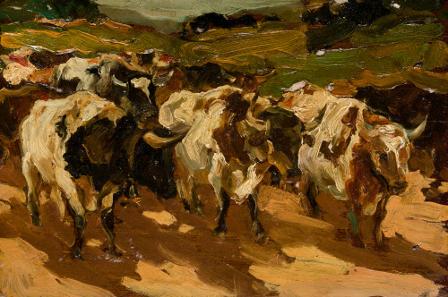 ESCUELA VALENCIANA, "Camino con bueyes", Óleo sobre tabla