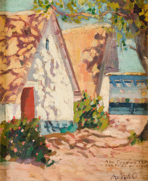 JOSE AMERIGO Y SALAZAR, "Barracas", Óleo sobre tabla