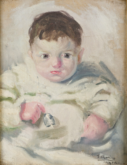 TOMAS MURILLO RAMS, "Bebé con sonajero", 1909, Óleo sobre l