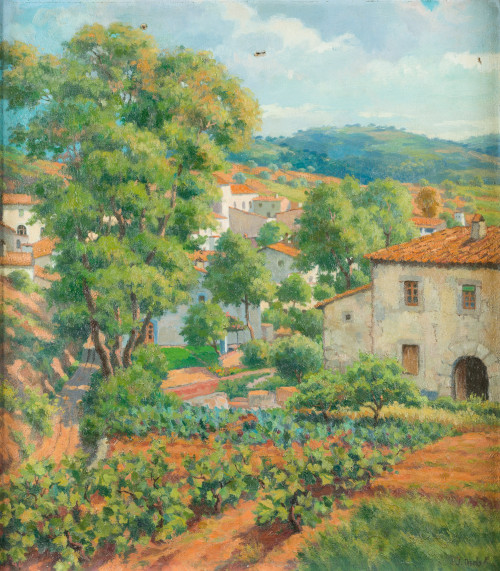 JOSÉ CASALS PEIPOCH, "Una entrada del pueblo", Óleo sobre l