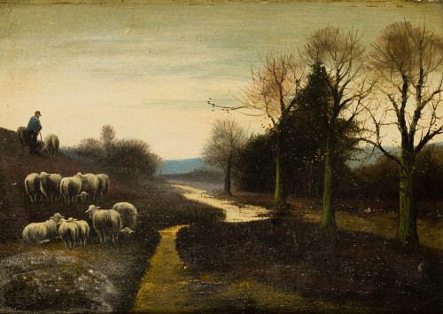 ESCUELA FRANCESA, "Paisaje con pastor y rebaño de ovejas",