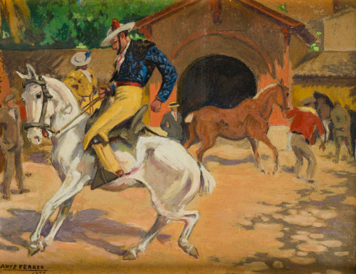 ANTONIO  FERRER "TONICO", "Patio de caballos", 1935, Óleo s