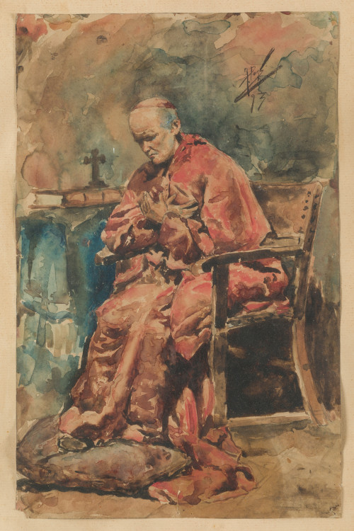 ESCUELA ESPAÑOLA S. XIX, "El cardenal", 1893, Acuarela sobr