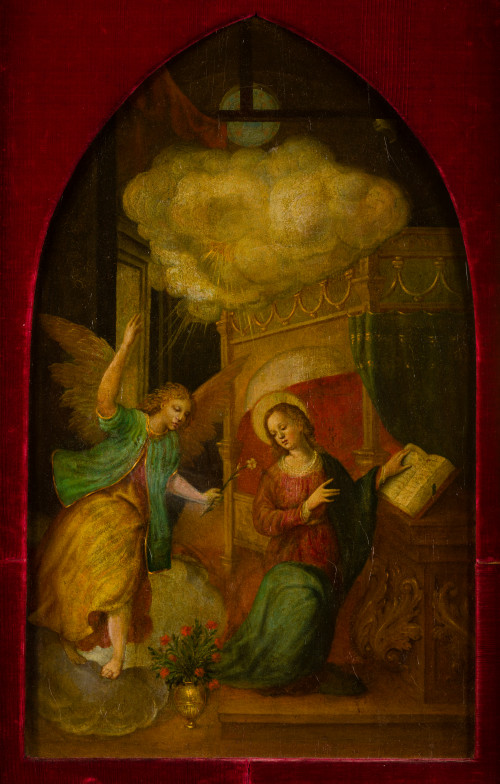 ESCUELA ESPAÑOLA S. XIX, "La Anunciación", Óleo sobre tabla