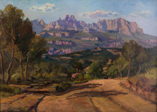 ISIDRO ODENA, "Paisaje con montañas", Óleo sobre tabla