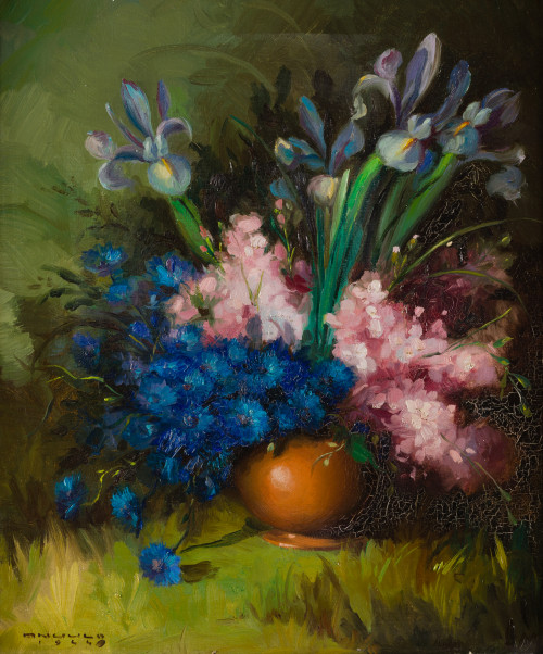 JOAQUIN ANGULO GARCIA, Flores rosadas y Flores azules, 1944, Pareja de óleos sobre lienzo
