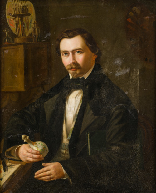 ESCUELA FRANCESA, "Retrato de pintor", Óleo sobre lienzo