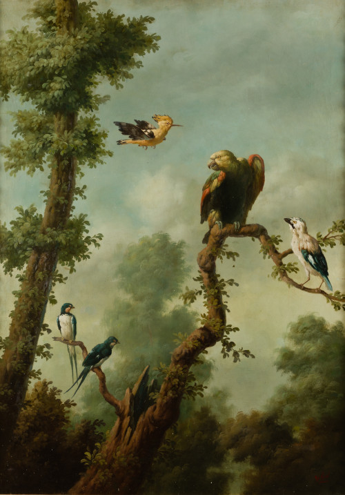 ANÓNIMO, "Aves en un paisaje", Óleo sobre lienzo