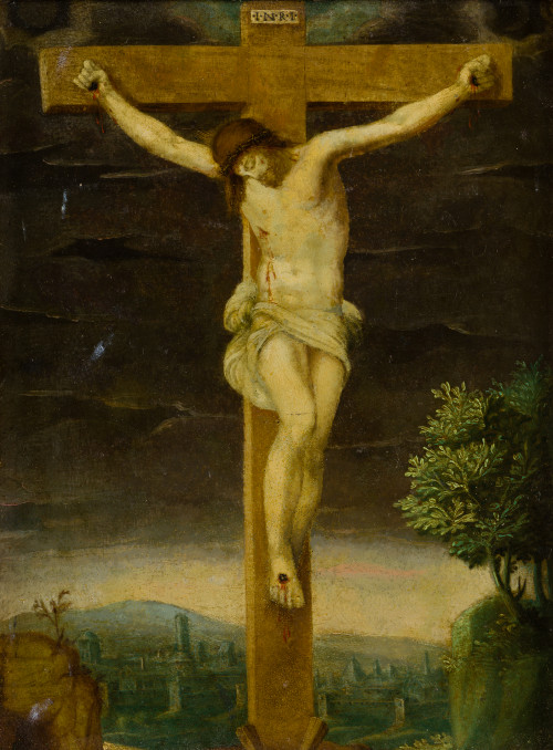 ESCUELA FLAMENCA, "Crucifixión", Óleo sobre cobre.
