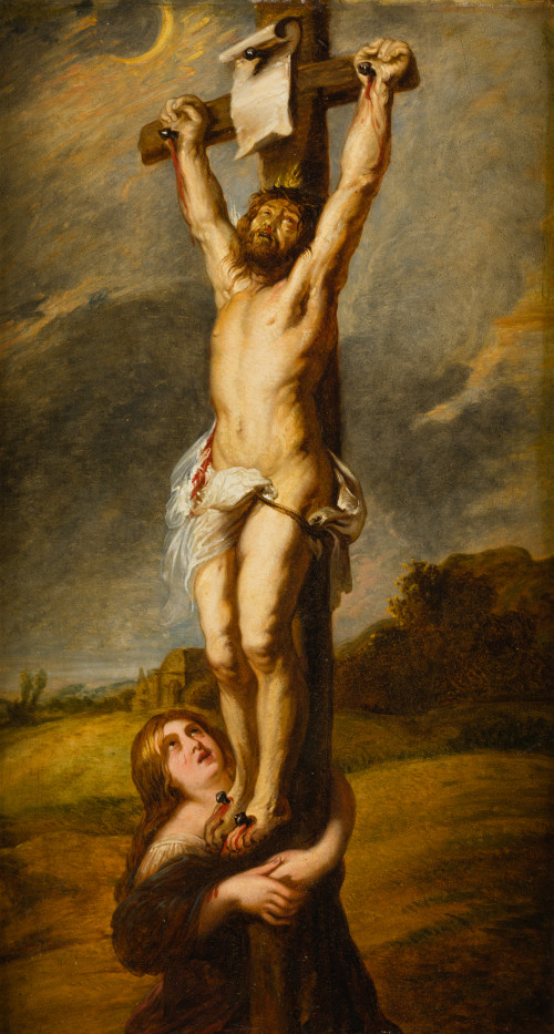 ESCUELA FRANCESA, "Cristo Crucificado con la Magdalena", Ól