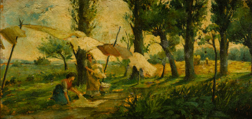  ESCUELA ESPAÑOLA, "Las lavanderas", 1898, Óleo sobre tabla.
