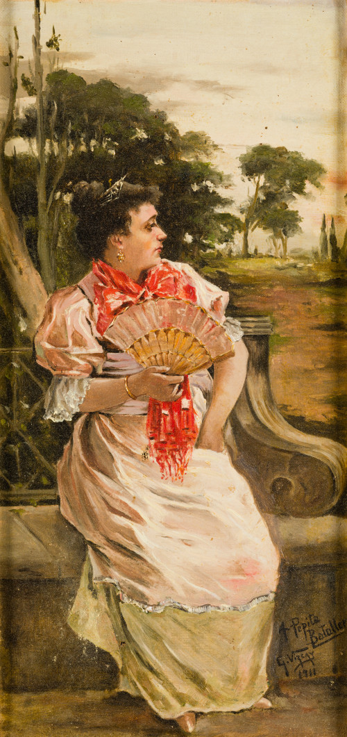 ESCUELA ESPAÑOLA, "Dama con abanico en el jardín", 1911, Ól