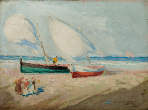 TOMAS MURILLO RAMS, "Pescadores en la playa de Valencia", Ó