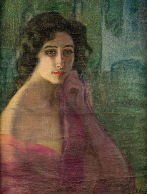 MANUEL  LEÓN ASTRUC, "Retrato de dama con bata rosa", Óleo 