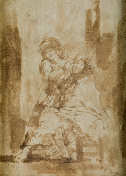 EUGENIO LUCAS VELÁZQUEZ, "Le descañona", Aguada sepia sobre