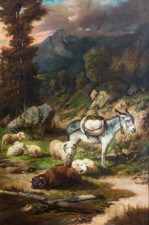 JOSÉ MARÍA BREL GIRAL, "Paisaje de montaña con ganado", Óle
