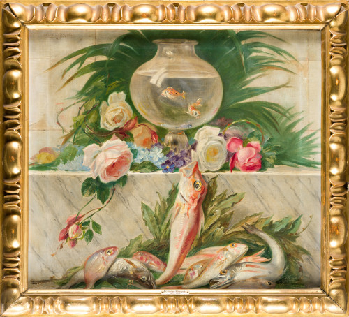 "Naturaleza muerta con pecera, flores y pescado", 1899